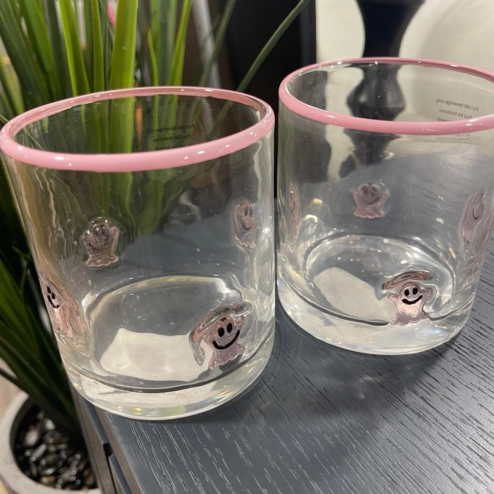 Pink Halloween Pink Ghost Lampwork Glass Embedded  Drinking Glasses Set of 2 NEW